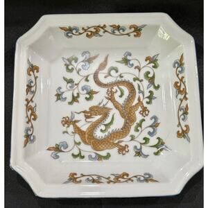 VTG Andrea by Sadek Japanese Dragon 8” Square Plate W Cobalt Trim Hand Painted